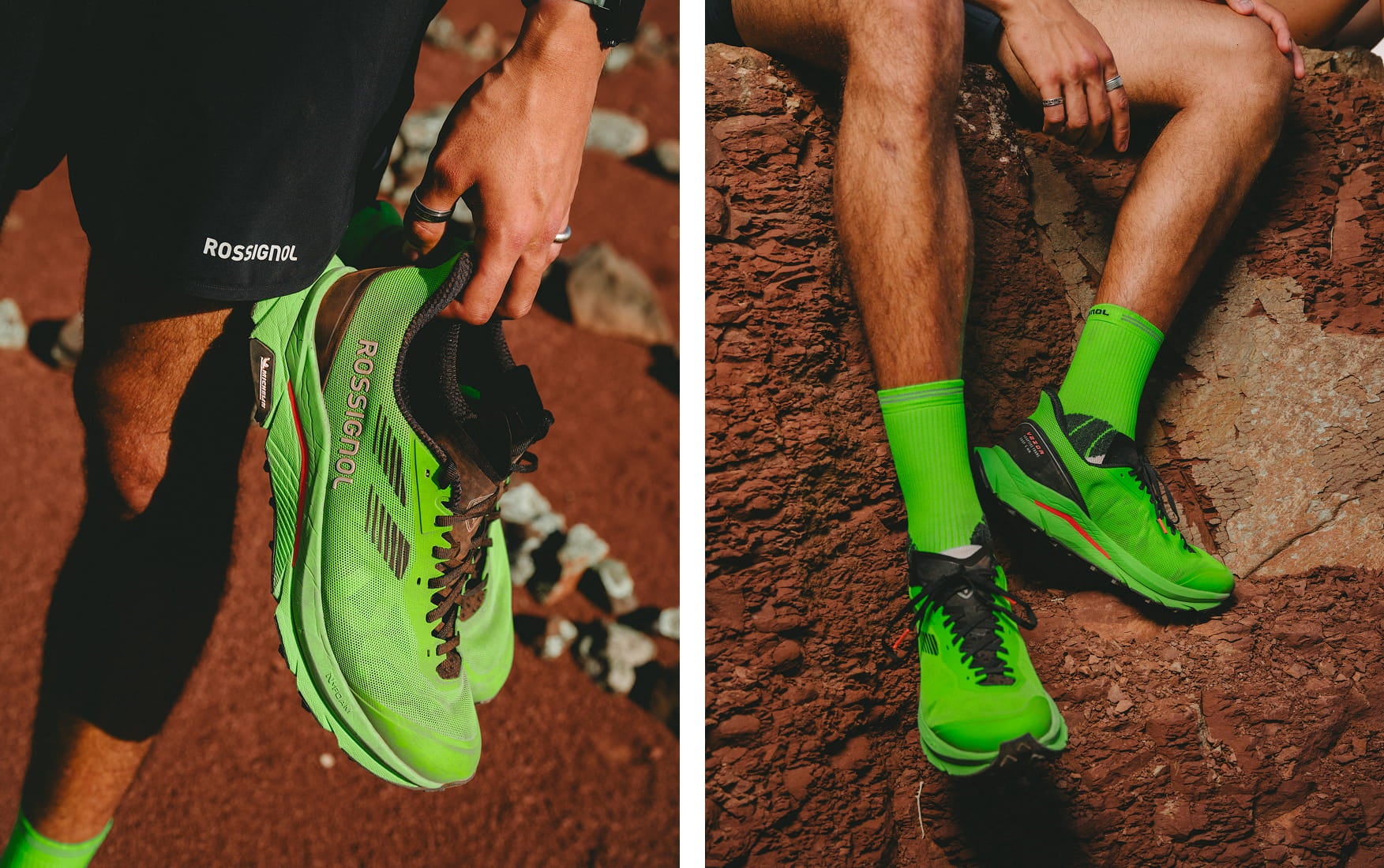 Rossignol VEZOR shoes worn and held by two athletes in a rocky environment