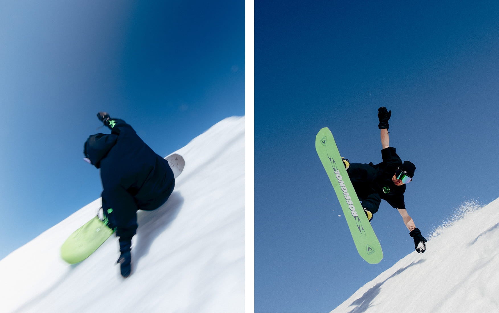 Snowboarder en action à grande vitesse avec le snowboard REVENANT de Rossignol