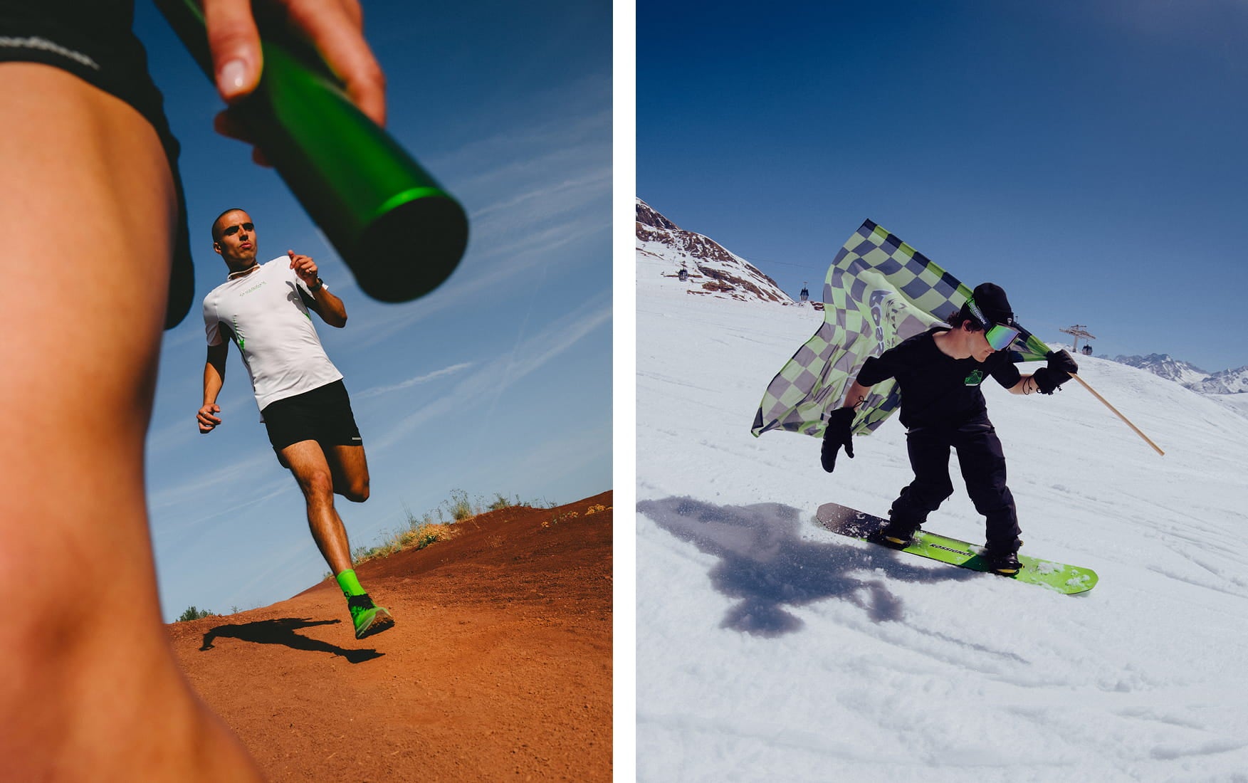Snowboarder portant un drapeau à damier vert et noir sur les pistes