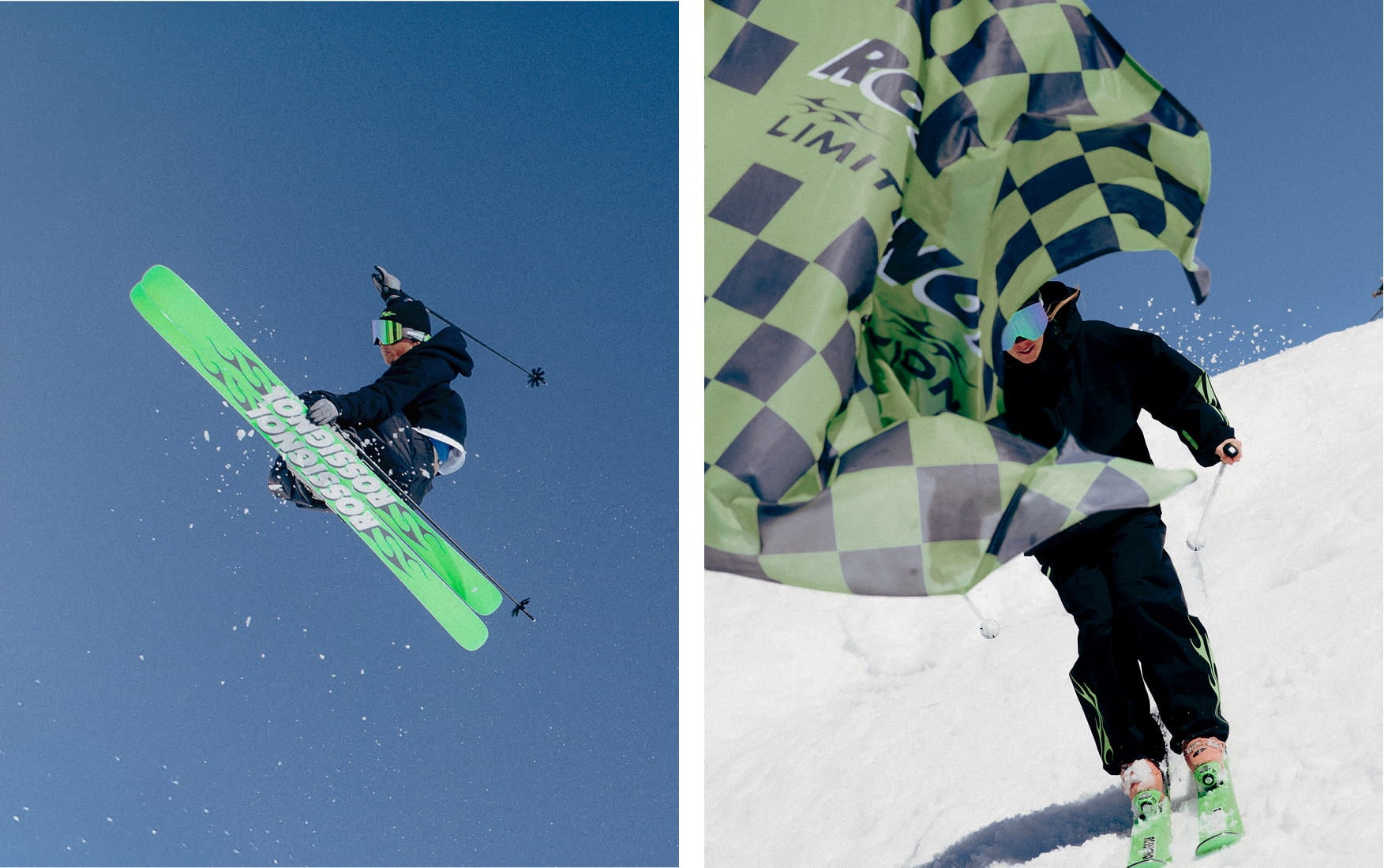  Skieur en plein saut avec les skis SUPER BLACKOPS de Rossignol, une main sur les skis et l’autre en l’air