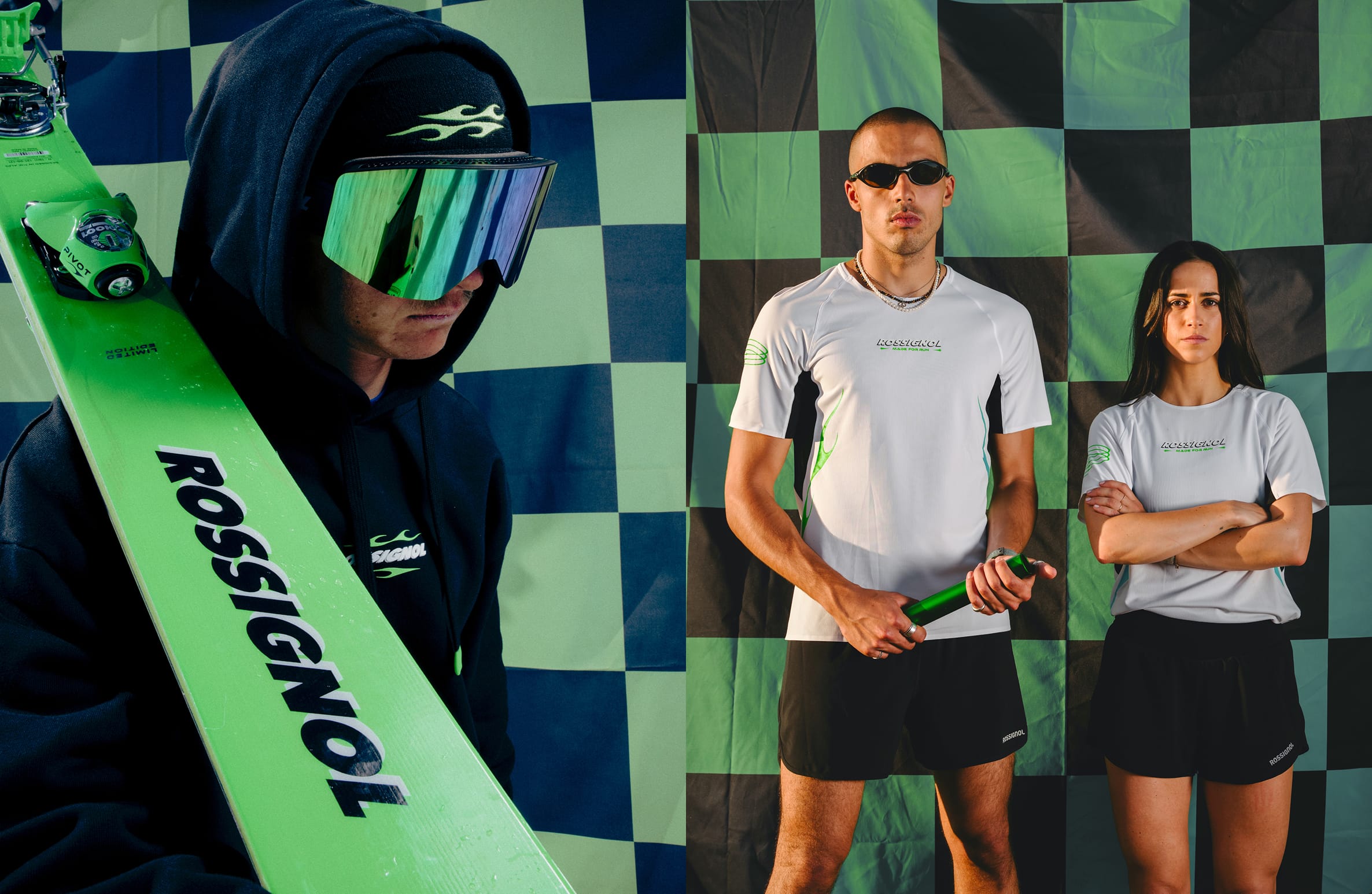 A skier holding a Super Blackops ski on his shoulder. / 2 trail runners in front of a green and black race flag wearing the 2026 Rossignol Super Project outfit.