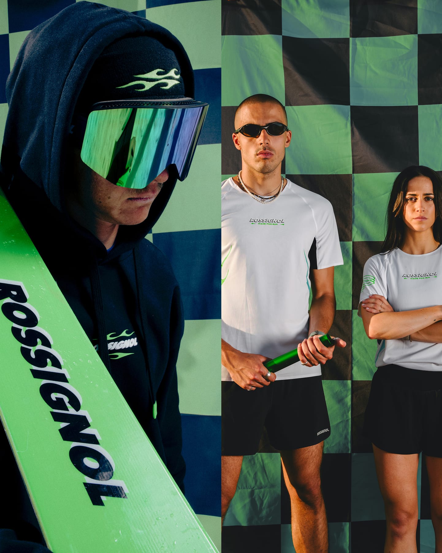 A skier holding a Super Blackops ski on his shoulder. / 2 trail runners in front of a green and black race flag wearing the 2026 Rossignol Super Project outfit.
