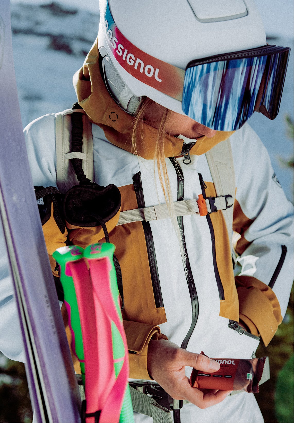 Rossignol Proclivity 3L Shell women’s ski jacket with helmet, goggles and ski equipment