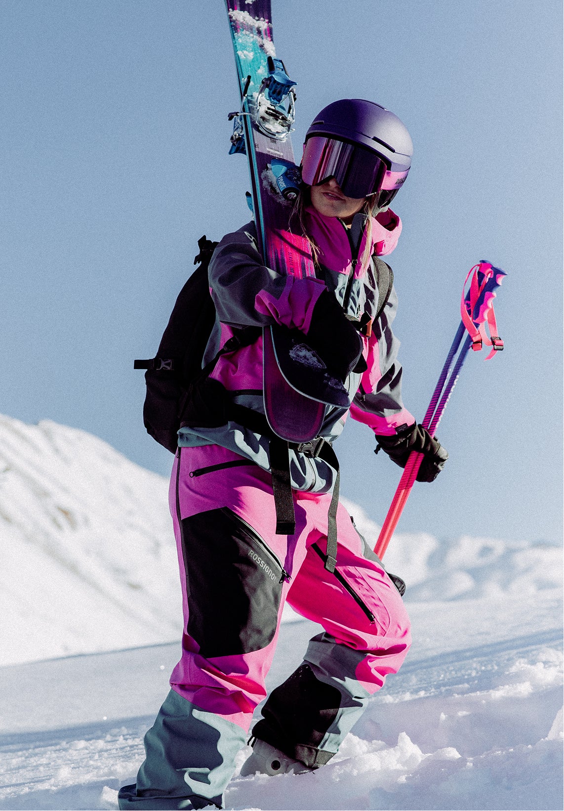 Rossignol Proclivity 3L Shell women’s ski jacket worn while skiing in snowy mountain conditions