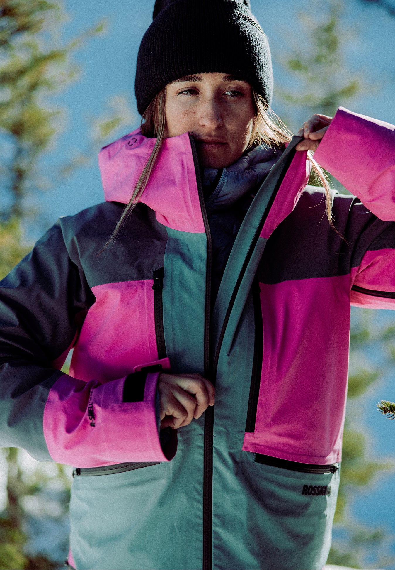 Rossignol Proclivity 3L Shell women’s ski jacket in pink and purple with waterproof three-layer construction