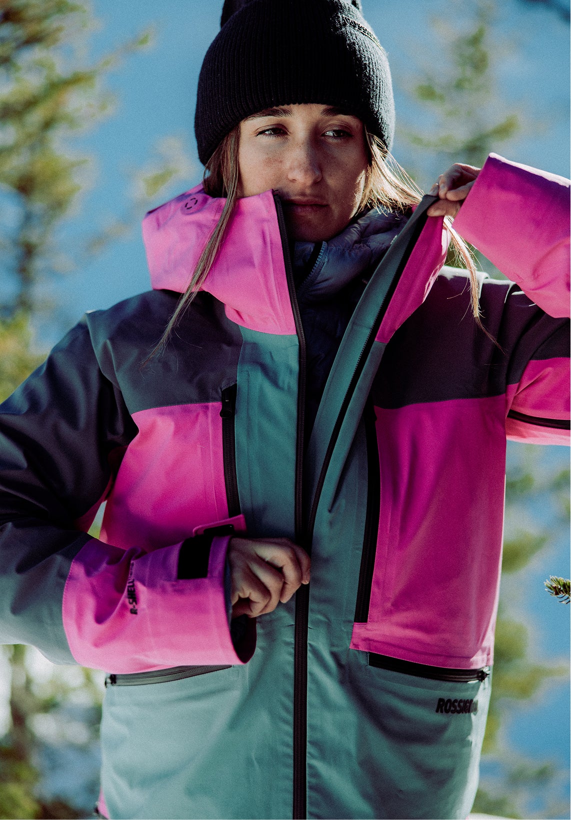 Rossignol Proclivity 3L Shell women’s ski jacket in pink and purple with waterproof three-layer construction