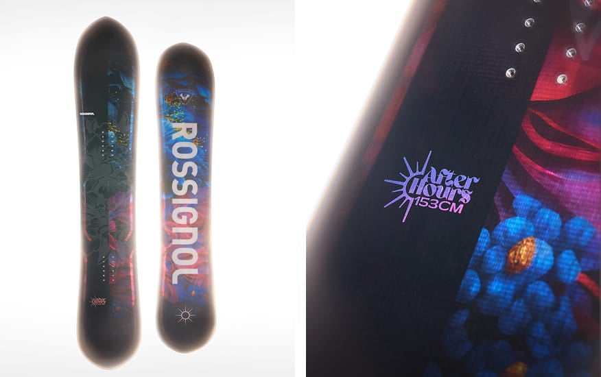 Snowboard Rossignol After Hours avec vue complète et gros plan sur les détails graphiques