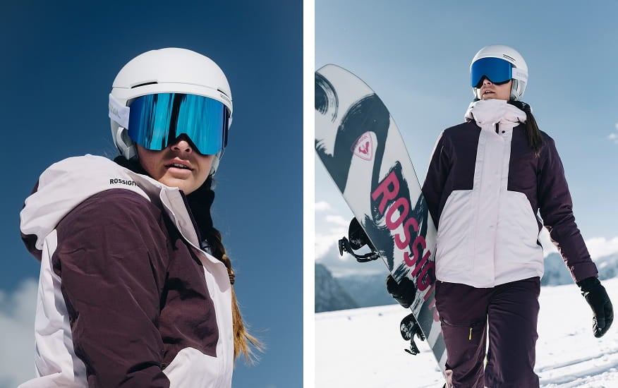 Rossignol W Outerlimits insulated ski jacket with helmet and goggles in snowy mountains