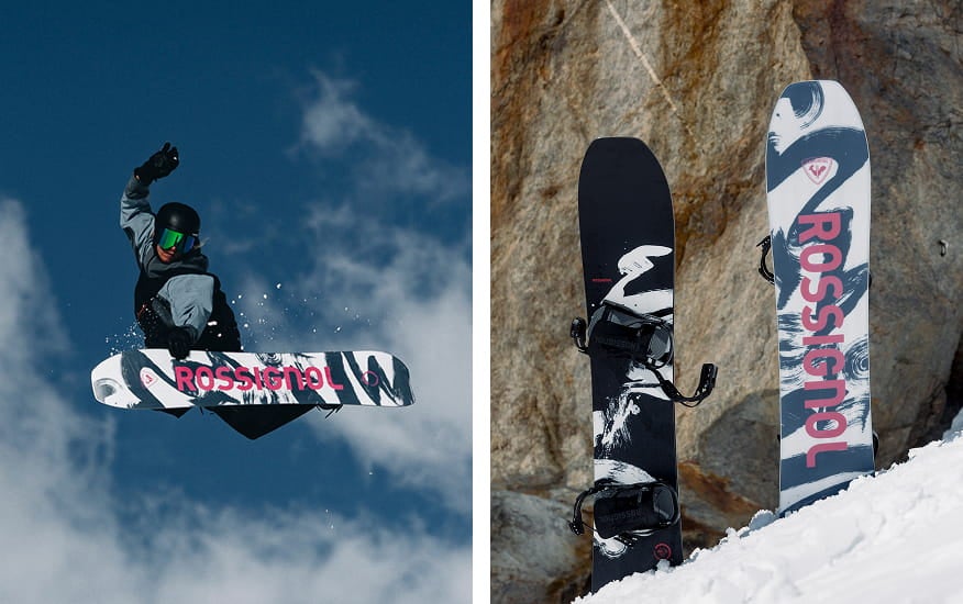 Snowboard all-mountain Rossignol WUJI en action et présenté dans un environnement montagneux enneigé