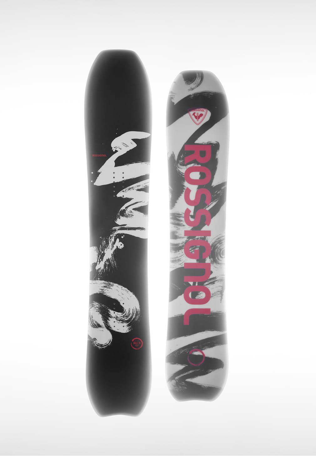 Snowboard all-mountain Rossignol WUJI avec design graphique noir et blanc
