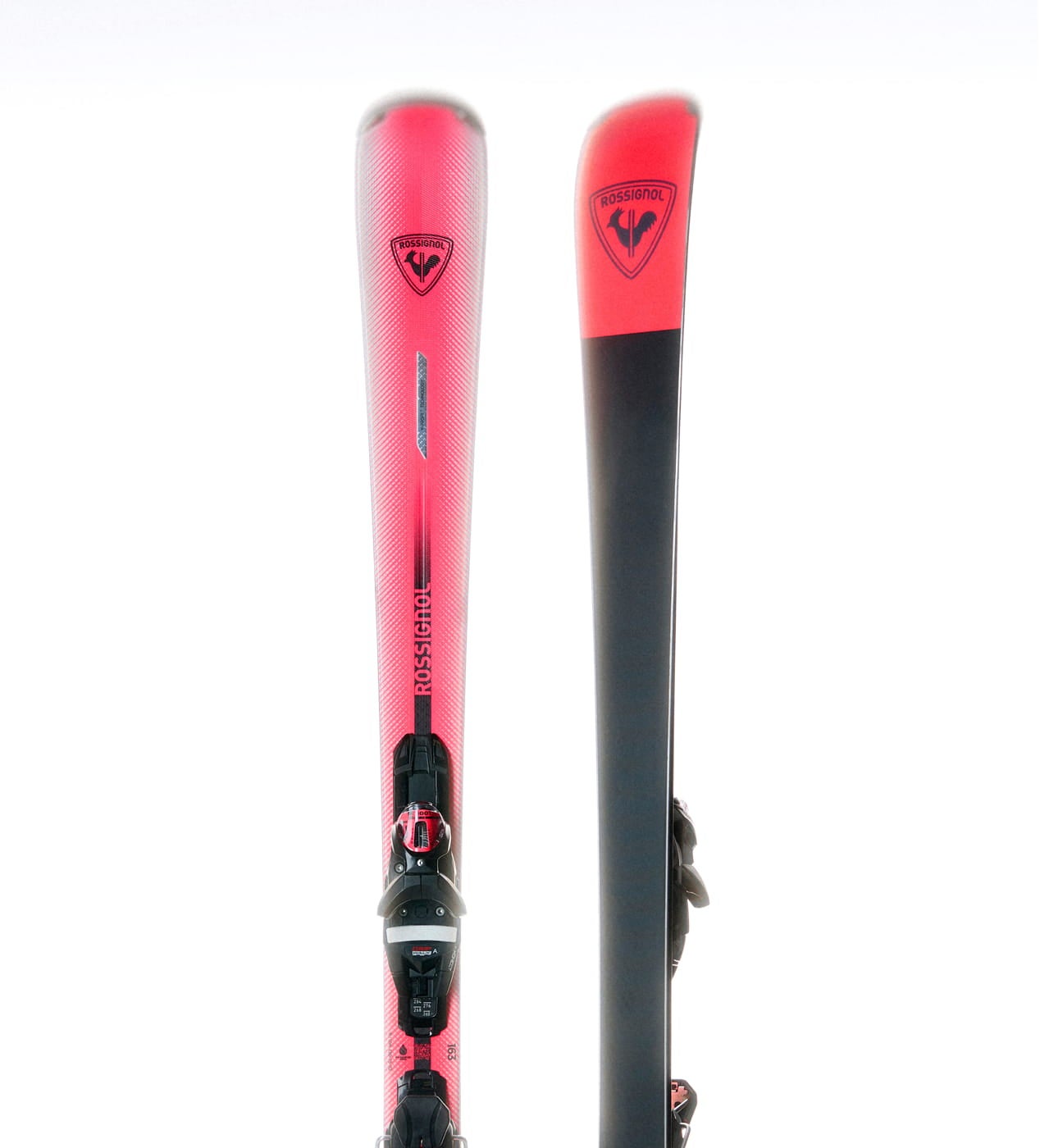 Skis de piste Rossignol Nova 14 pour femme, roses et rouges avec fixations, pour le carving et la performance sur piste