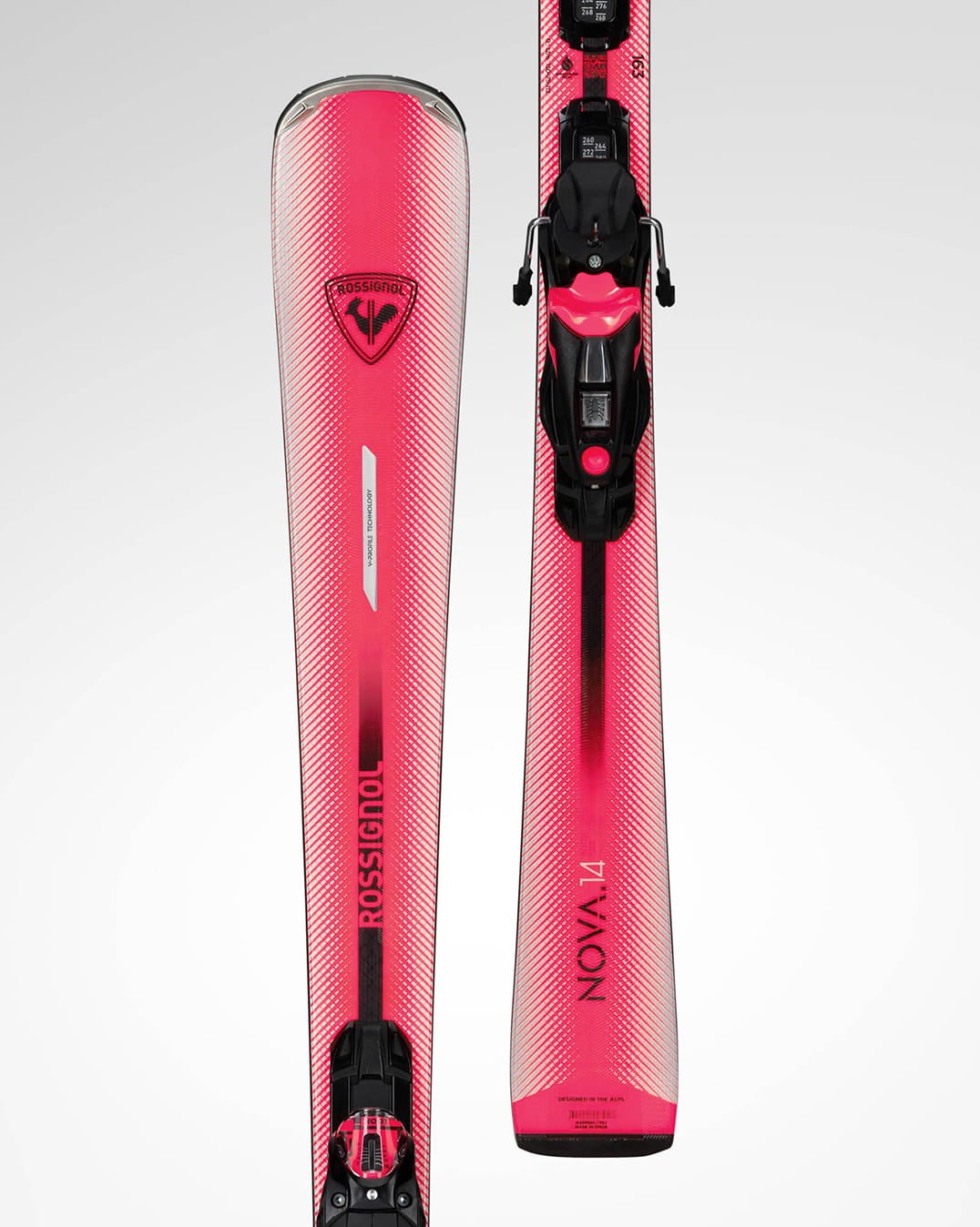 Skis de piste Rossignol Nova pour femme au design rose, conçus pour le carving, la stabilité et des virages précis