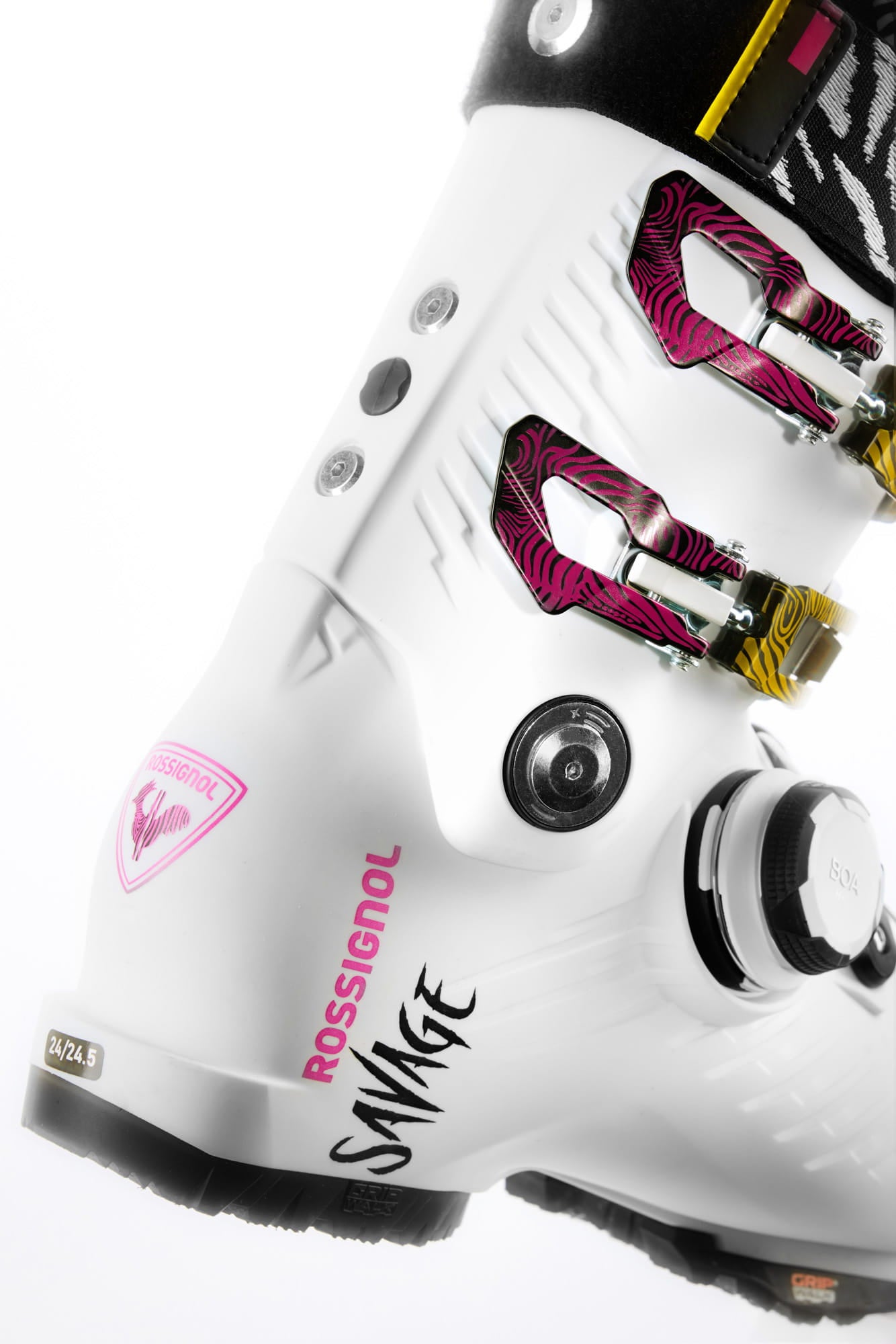 Close-up of a ski boot featuring colorful graphic buckles, a BOA® fit system and Rossignol branding.