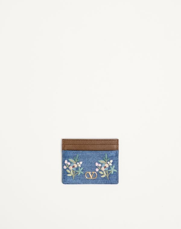 Valentino Garavani Vlogo Signature Card Holder In Denim With Floral Embroidery