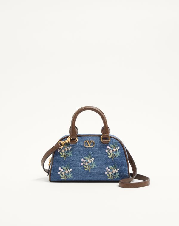 Valentino Garavani Vlogo Signature Mini Top-Handle Bag In Denim With Floral Embroidery