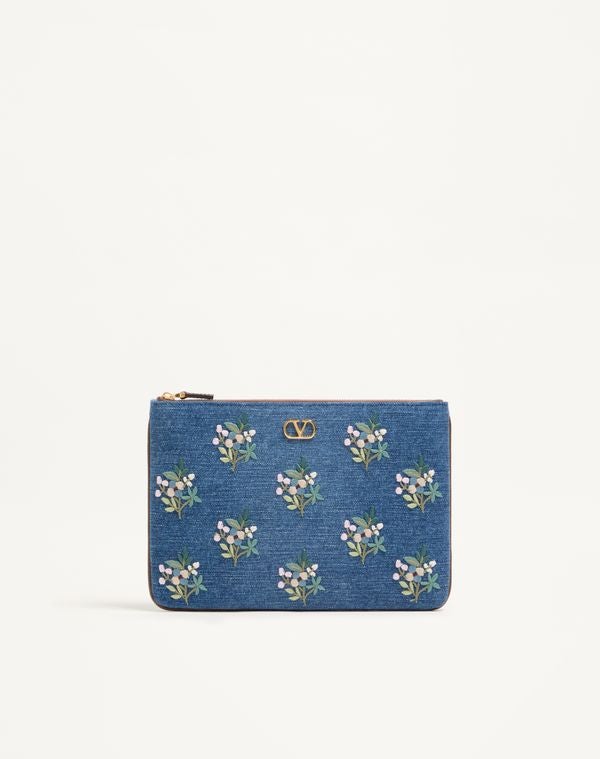 Valentino Garavani Vlogo Signature Clutch Bag In Denim With Floral Embroidery