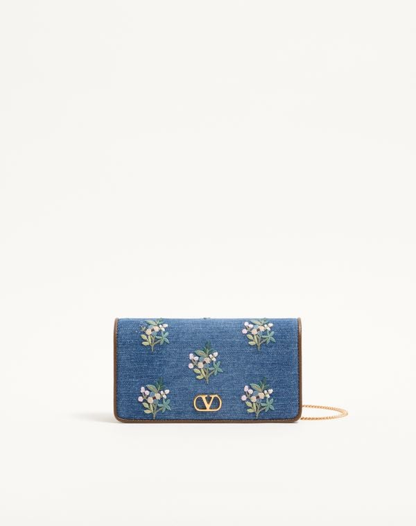Valentino Garavani Vlogo Signature Mini Shoulder Bag In Denim With Floral Embroidery